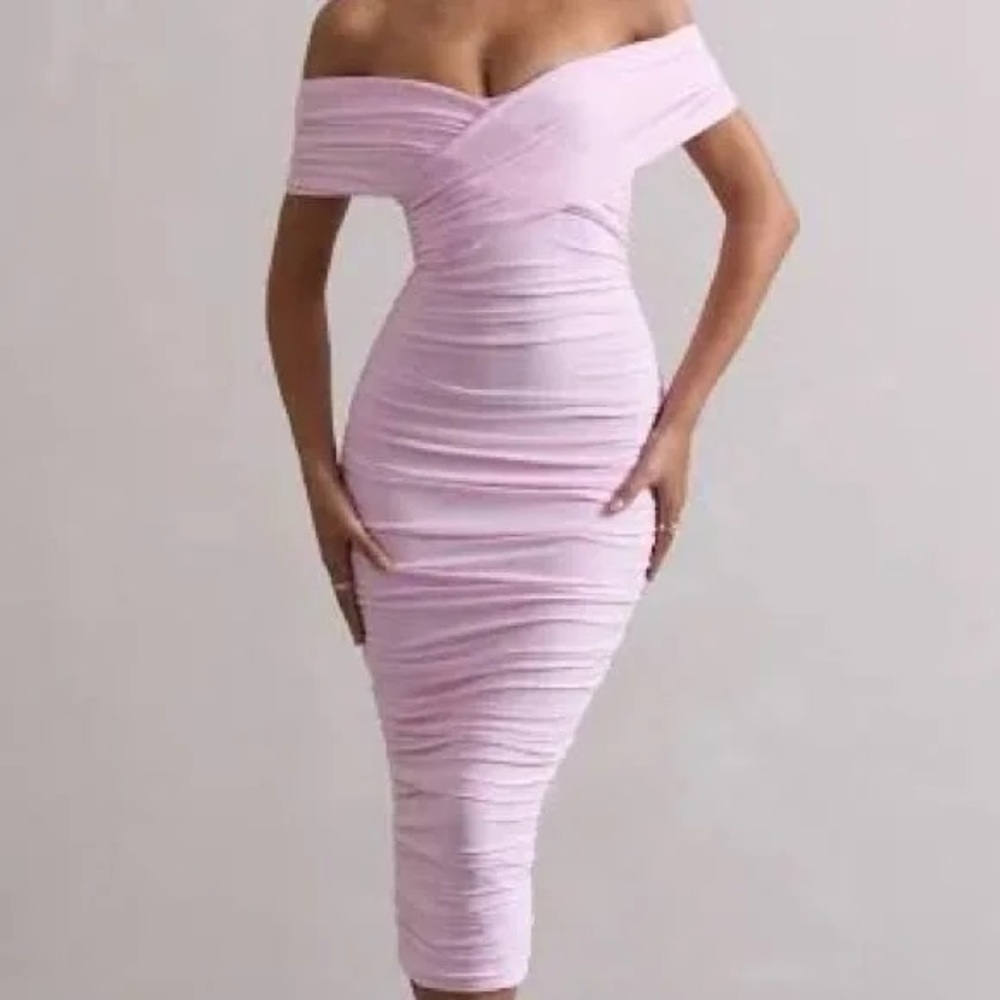 Club L London Strapless Ruched Bodycon Dress in Light Pink
